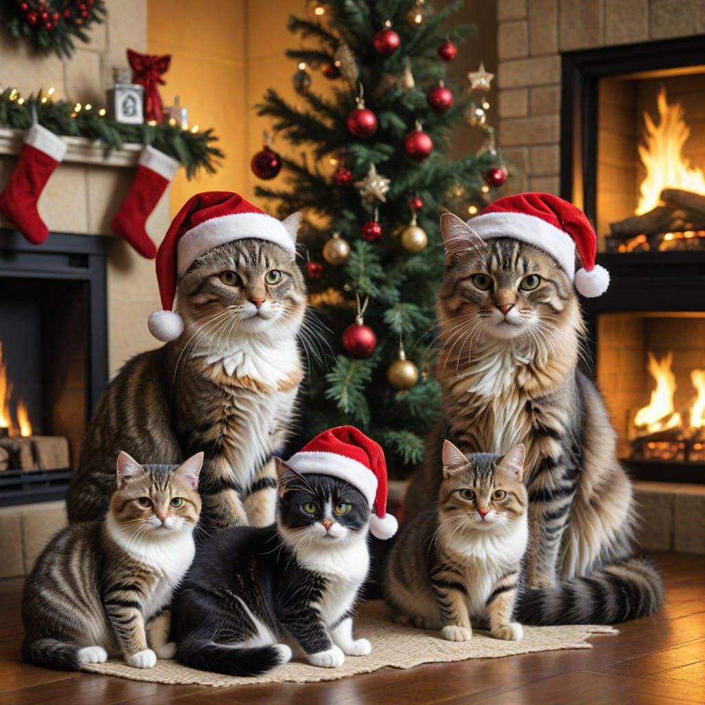 Festive Felines Gather 'round a Cozy Christmas Scene