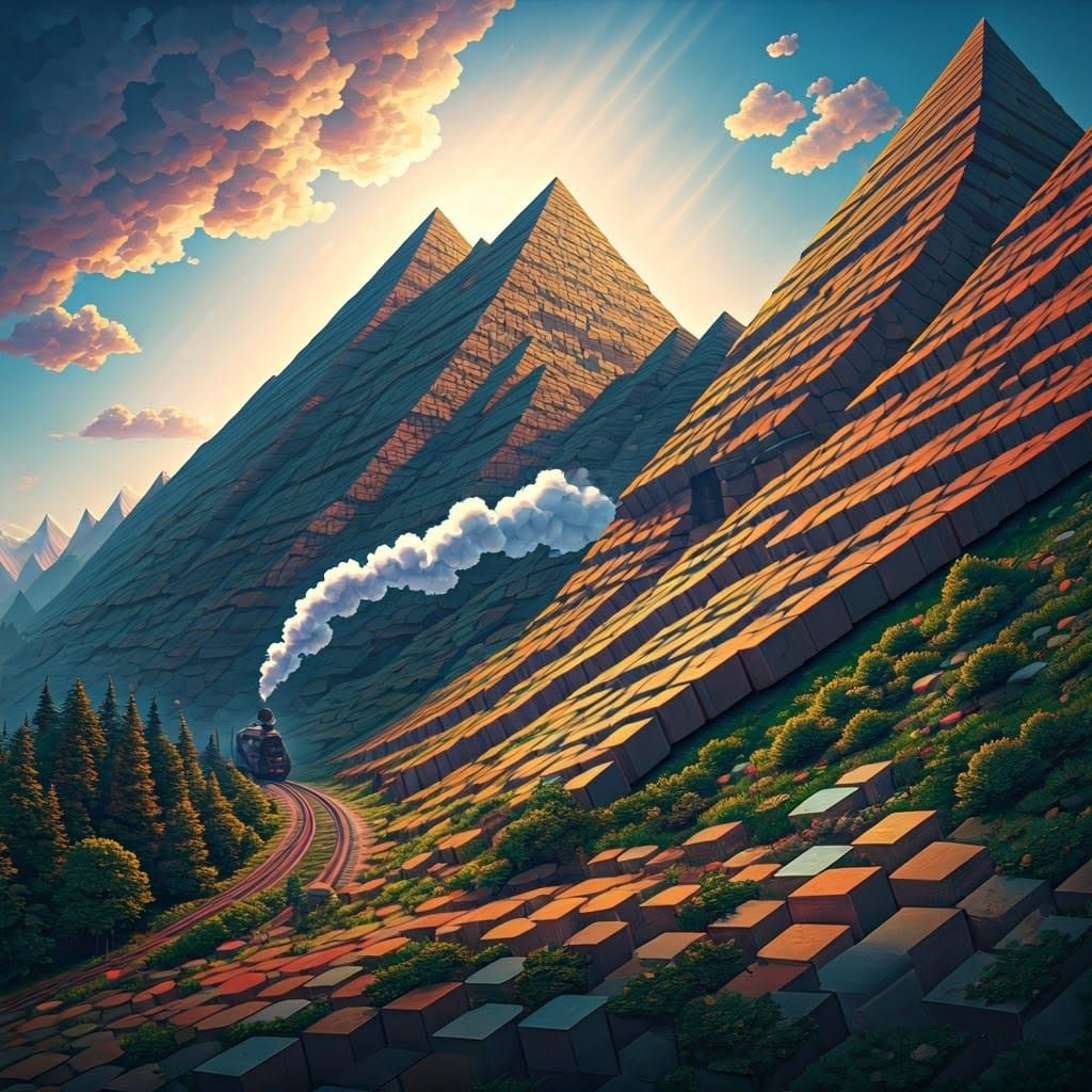 Surrealist Watercolor Mountain Scene with Cubist Steam Train