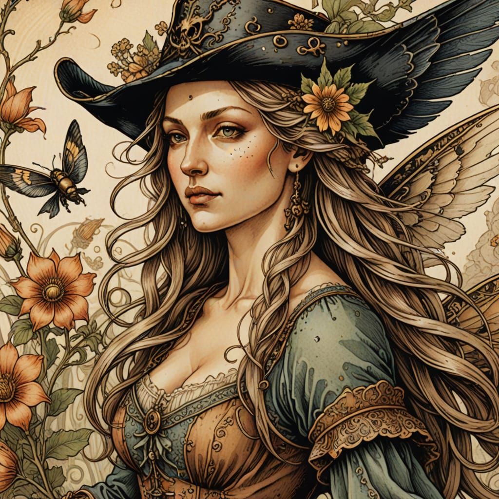 Renaissance Pirate Fairy in Woodcut Style