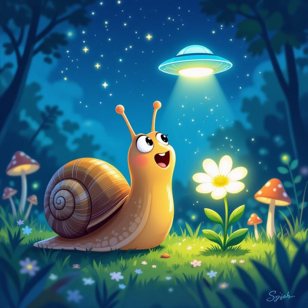 Enchanted Snail Meets UFO in Dreamy Garden