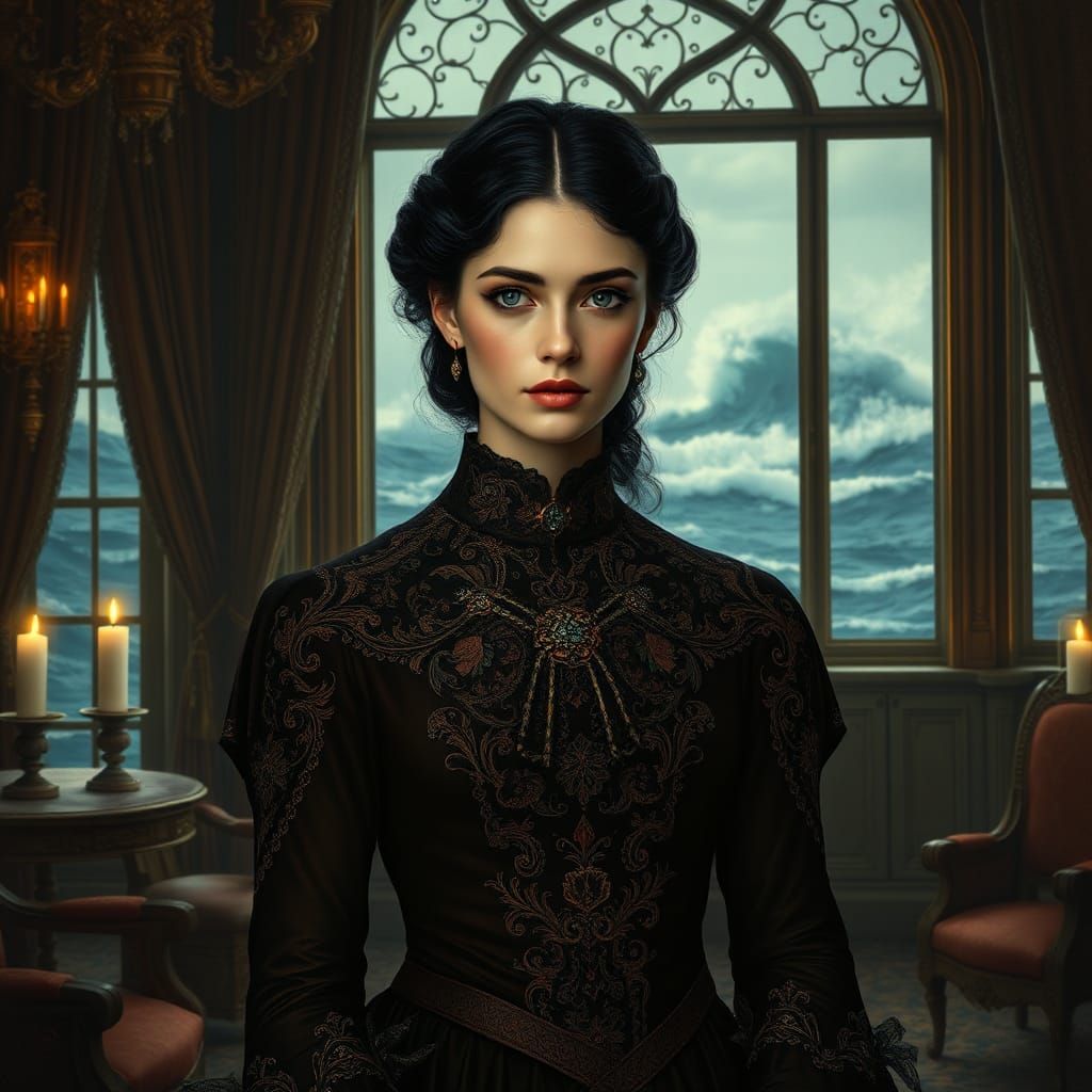 Victorian Woman in Seaside Manor, Pre-Raphaelite Style