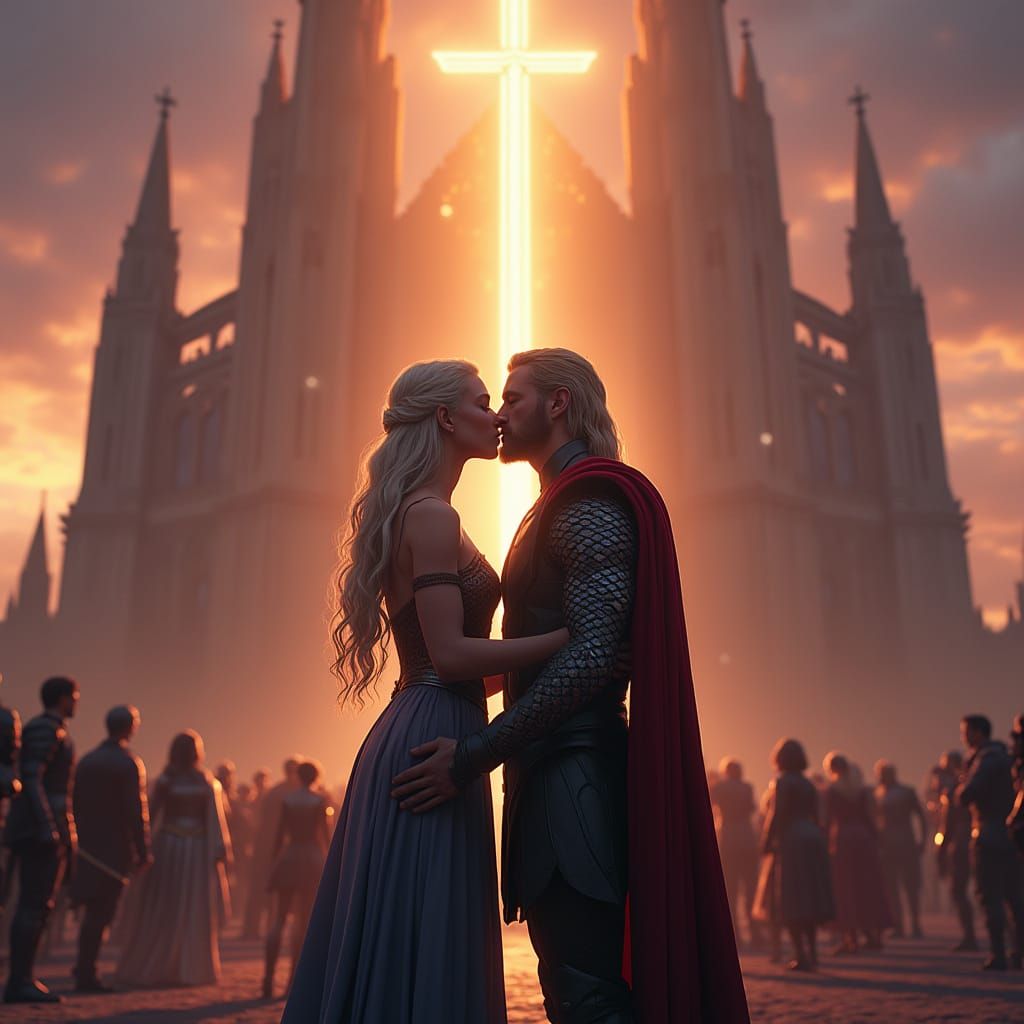 Fantasy Heroes Embrace at Ethereal Sunset Cathedral