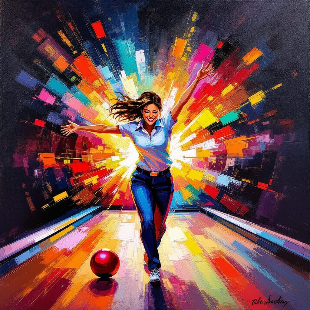 Joyful Bowler Celebrates Perfect Strike in Abstract Style