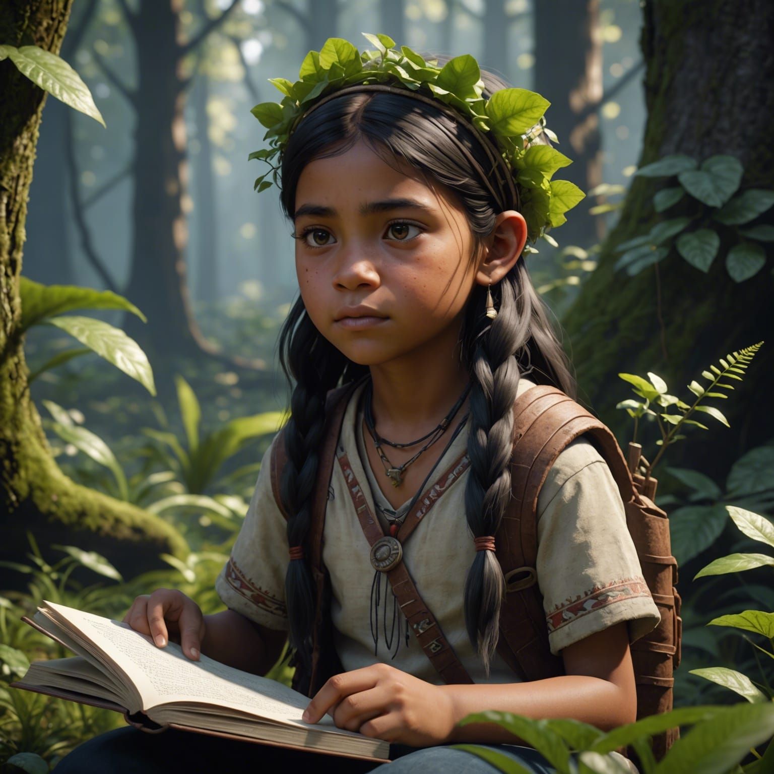 Sad Indigenous Child Contemplates Forest Mysteries