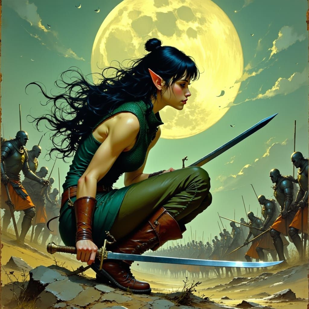 Ethereal Elf Warrior in Dark Fantasy Battle Scene