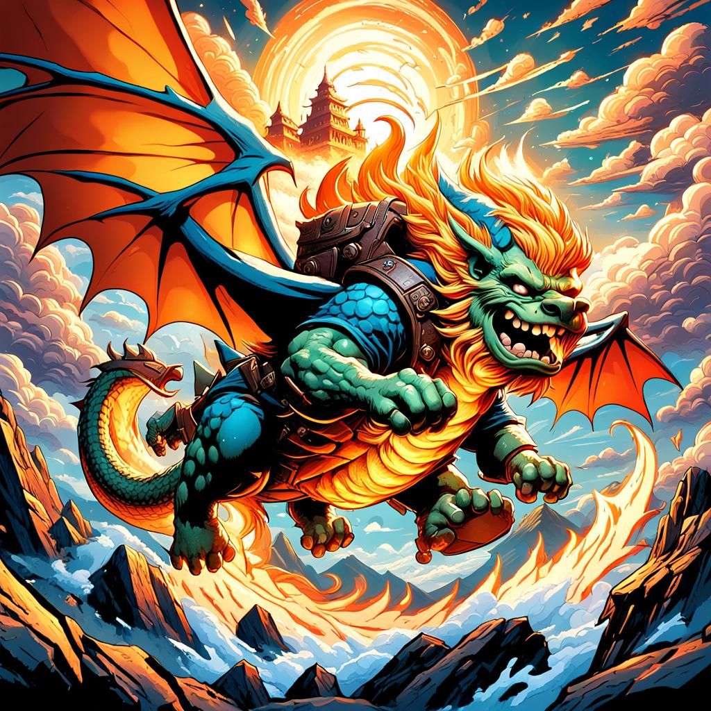 Gnome Rides Dragon in Dynamic Comic Art
