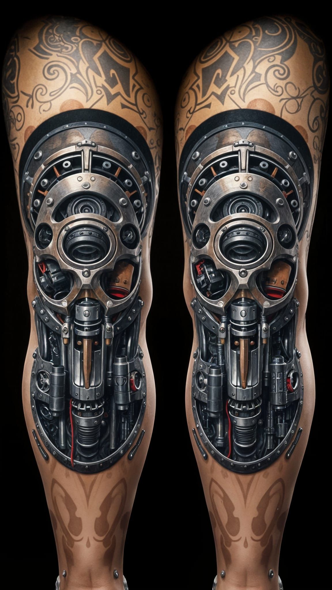 Gothic Mechanical Knee Tattoo in Futuristic Steel