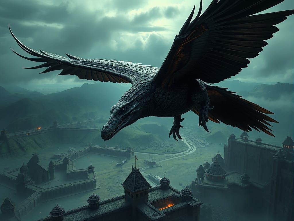 Raven Alligator Hybrid Soars Over Celtic Fortress