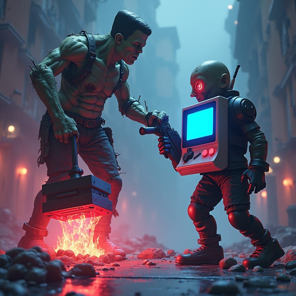 Frank and 8-Bit: Cyberpunk Frankenstein Showdown