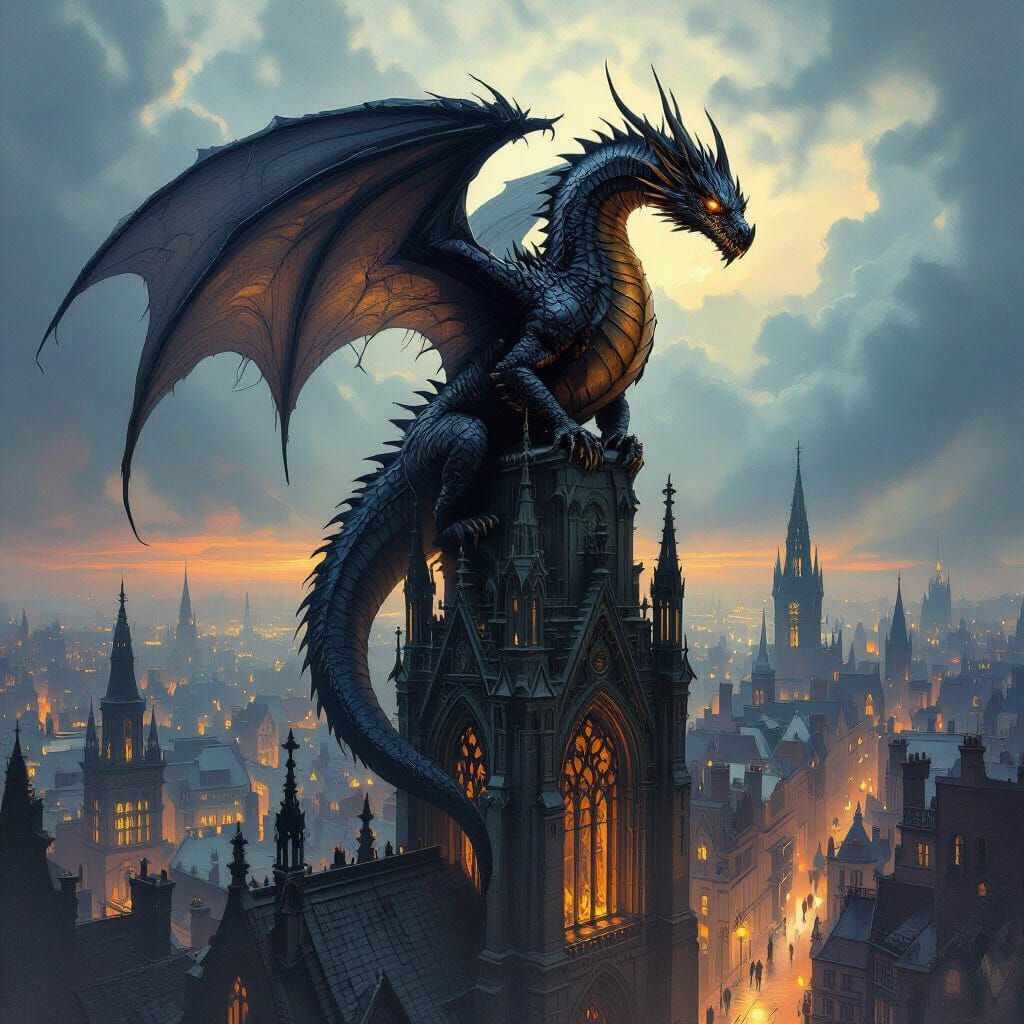 Ancient Dragon Over Gaslit Victorian City