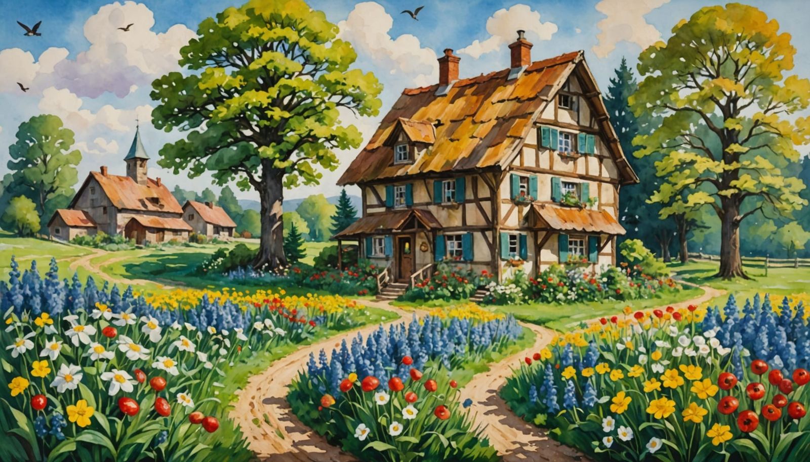 Gouache Farmhouse Scene with Flowers and Birds