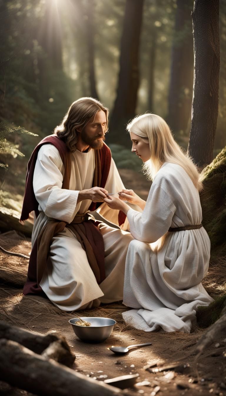 Jesus Feeding a Woman in the Woods: Photorealistic
