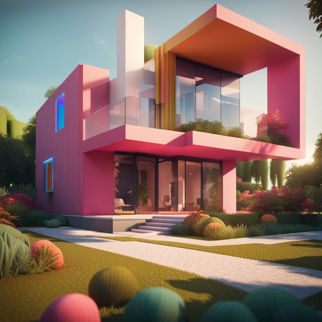 Modern House with Garden in Vibrant Digital Art