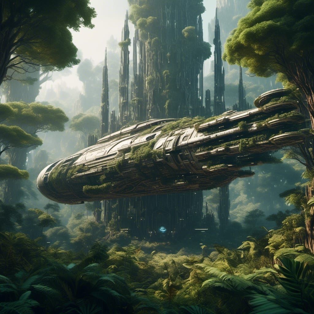 Spaceship Lands in Dense Forest: Sci-Fi Landscape