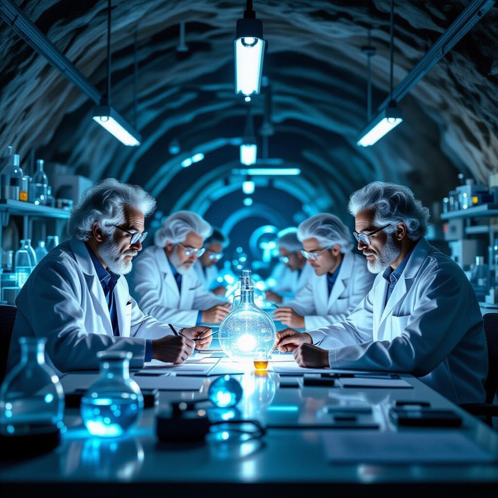 Hyperrealistic Underground Lab with Multiple Einsteins