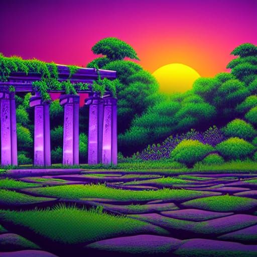 Violet Sunset Illuminates Ancient Overgrown City