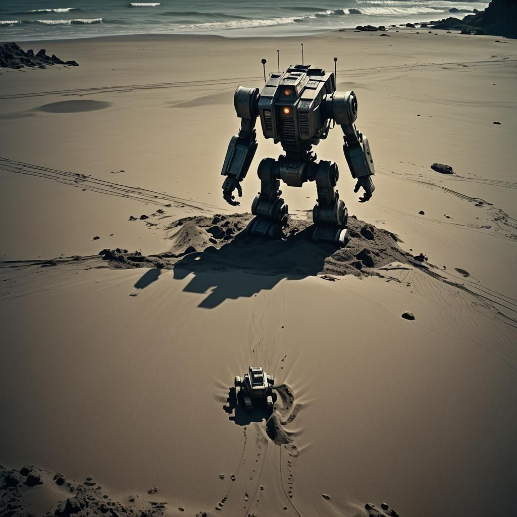 Lonely Robot in Dark Sea, Cinematic Film Still