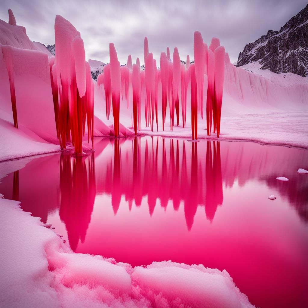 Surreal Pink Lagoon with Red Icicles