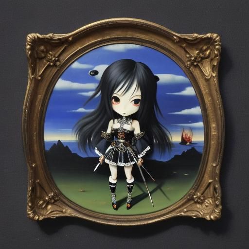Chibi Gothic Girl with Swords in Surrealist Style