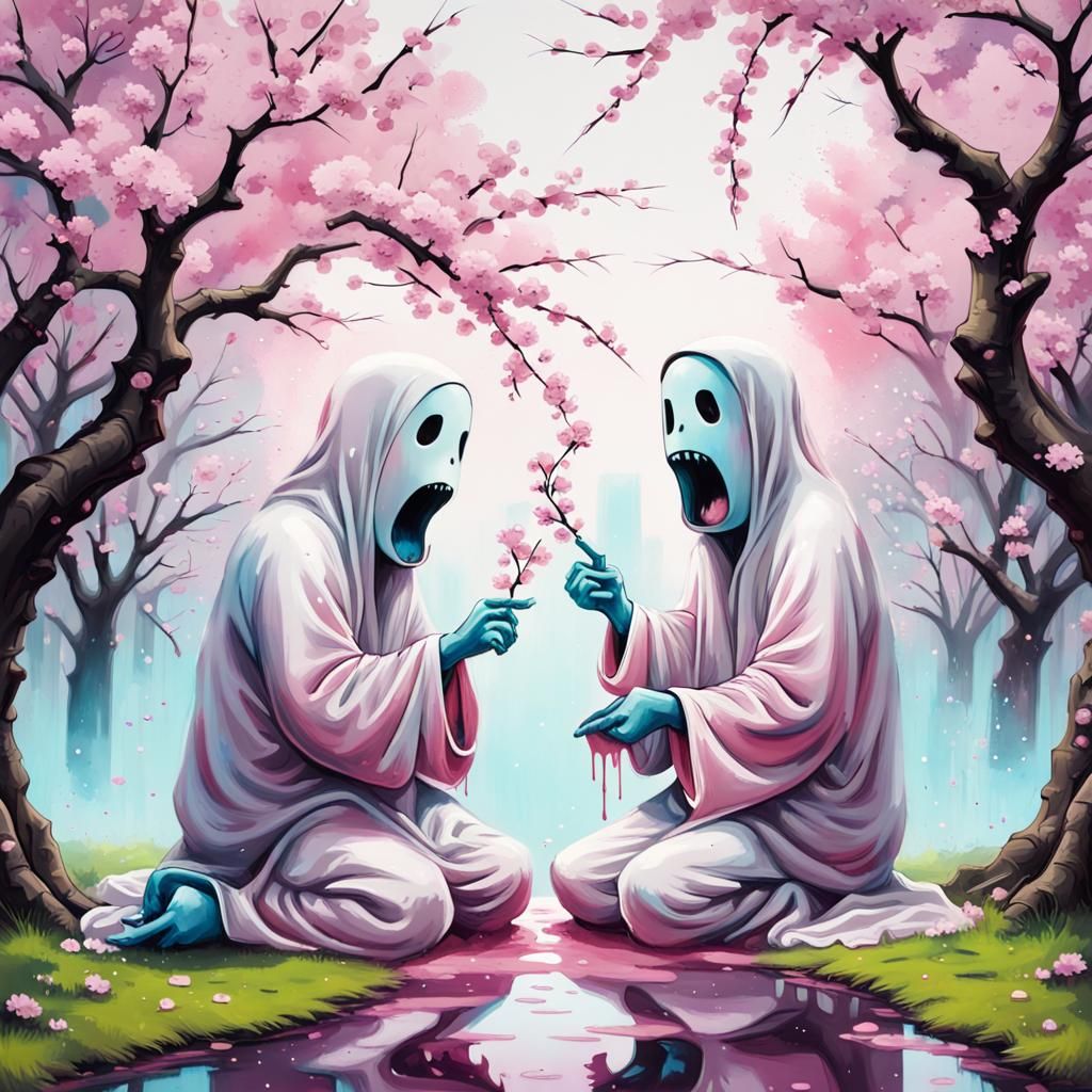 Ghosts Converse Under Cherry Blossoms in Graffiti Art