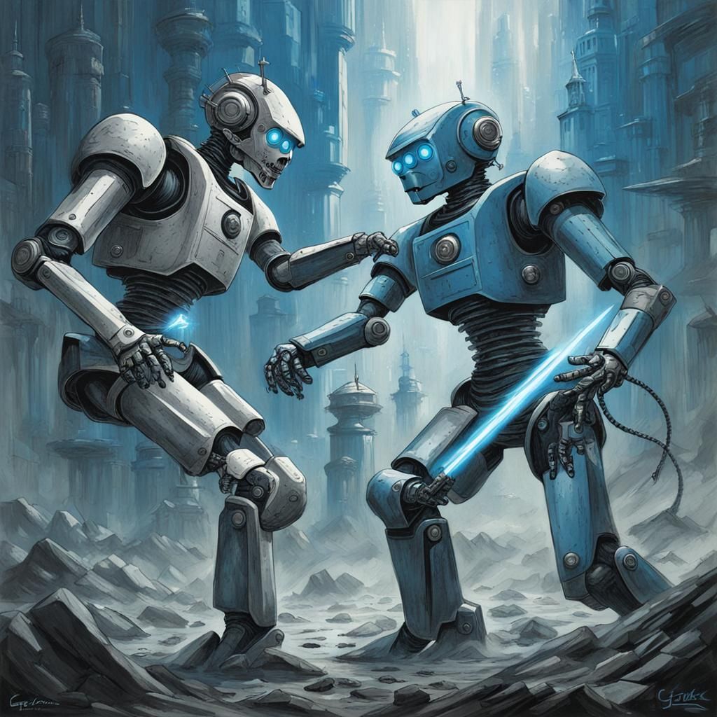 Retro futuristic robots fighting. Blue and grey