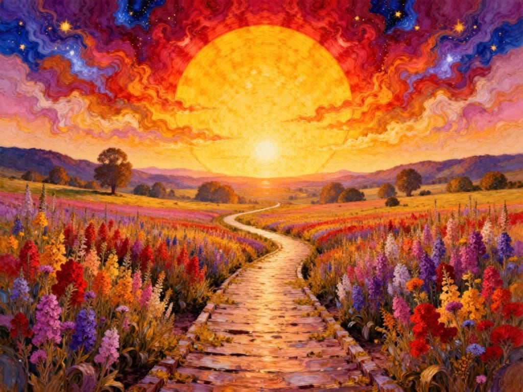 Surreal Path to Glowing Sun at Dawn