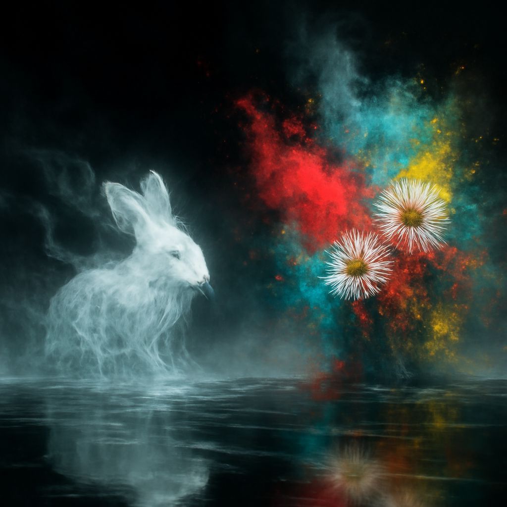 A GHOSTLY WHITE RABBIT slowly dissolves into aerogel filamen...