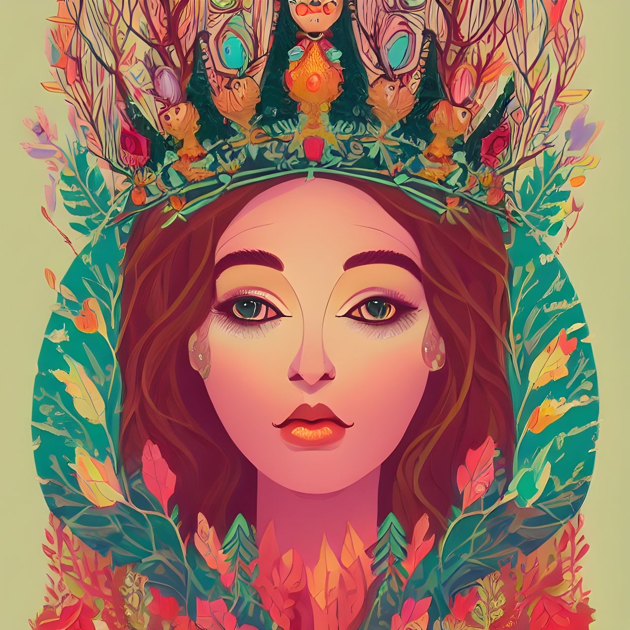 Magical Forest Queen Portrait in Colorful Illustration