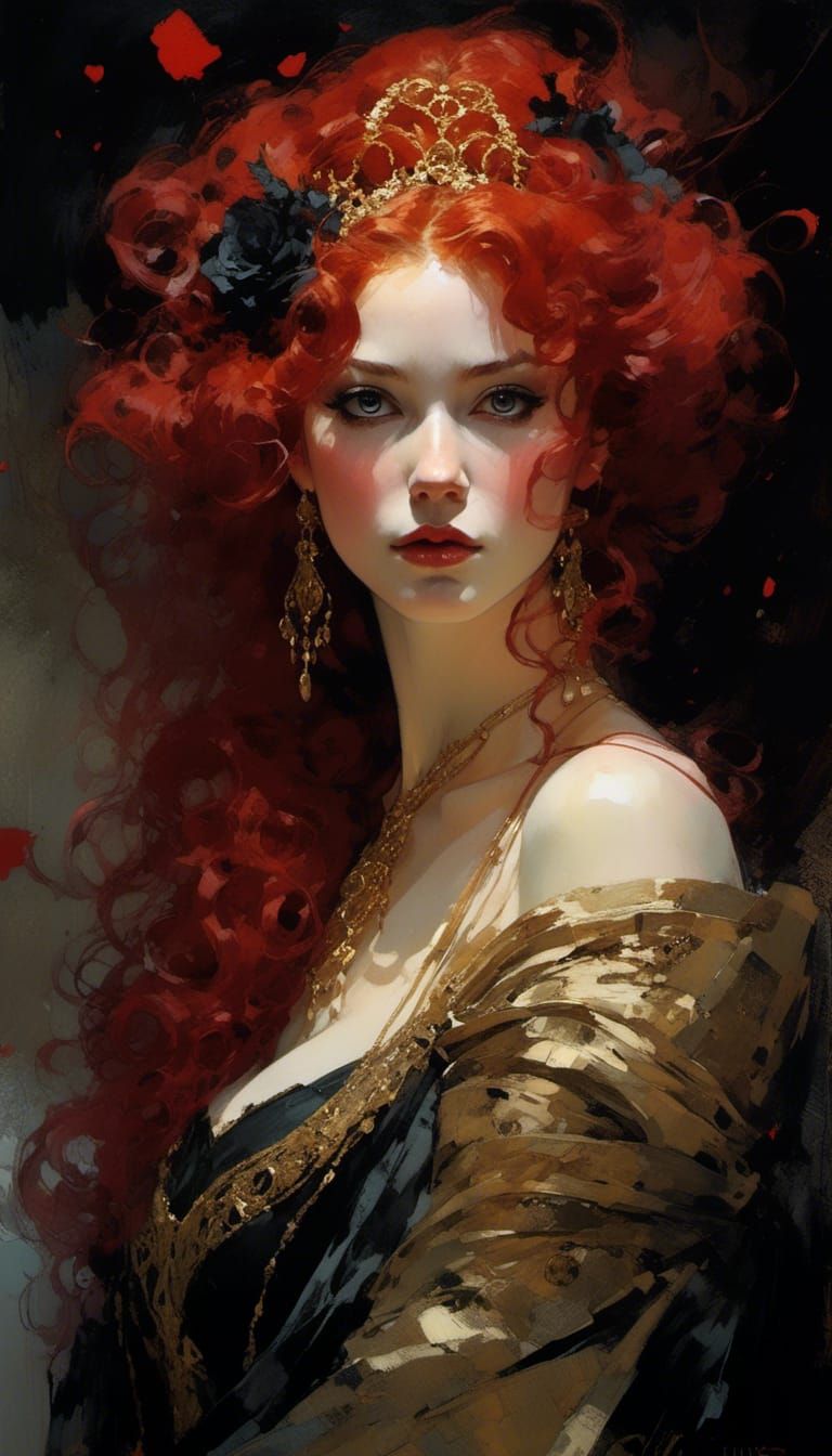 Pale Red-Haired Queen in Neo-Victorian Punk Style