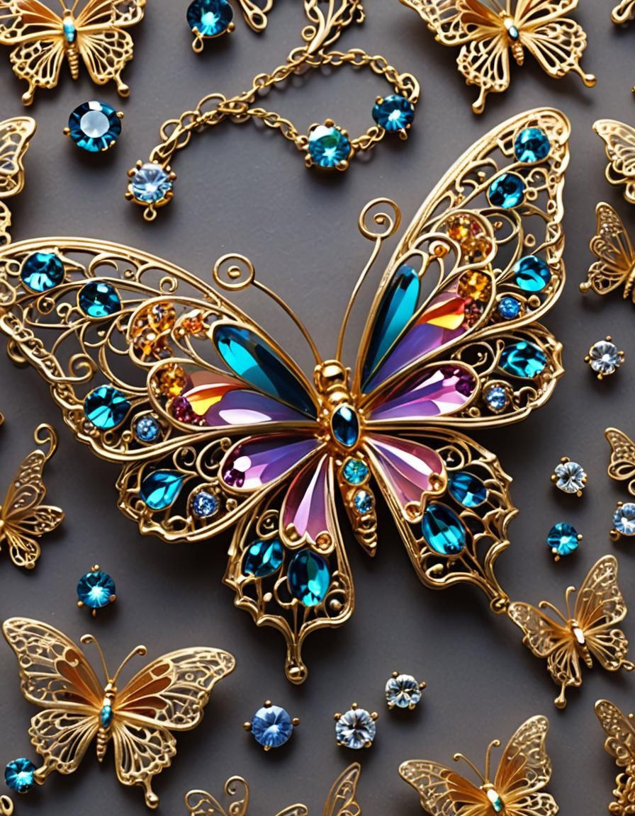 Glowing Jeweled Butterfly with Filigree Wings