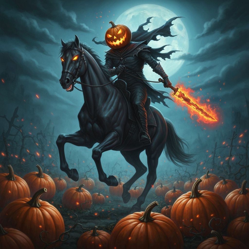 Headless Horseman Gallops Through Moonlit Pumpkin Patch