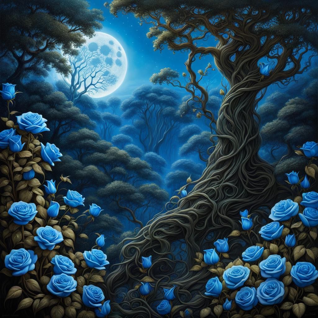 Fairy with Blue Roses in Detailed Landscape