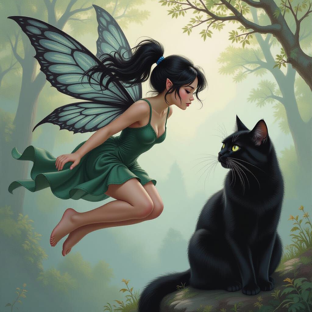 Fairy Escaping Giant Black Cat Painting