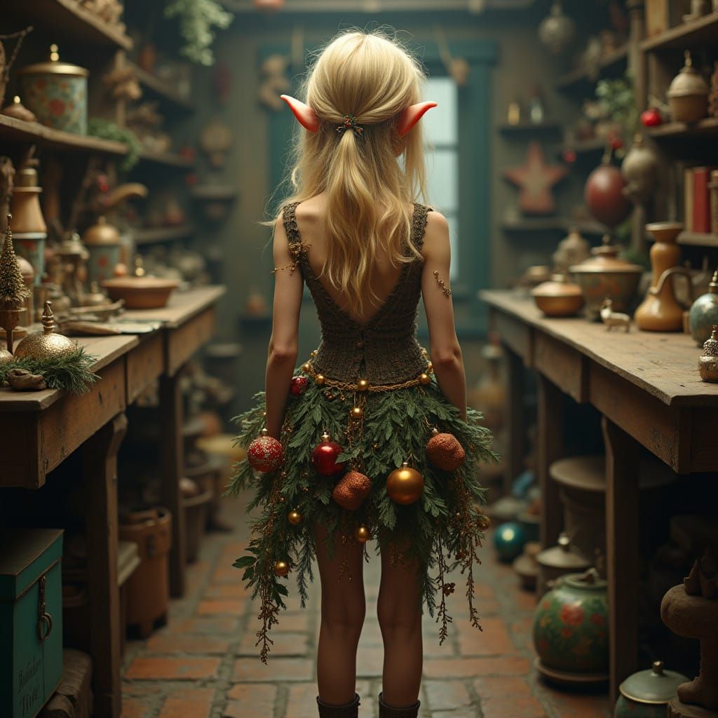 Whimsical Christmas Elf Goddess in Enchanted Workshop