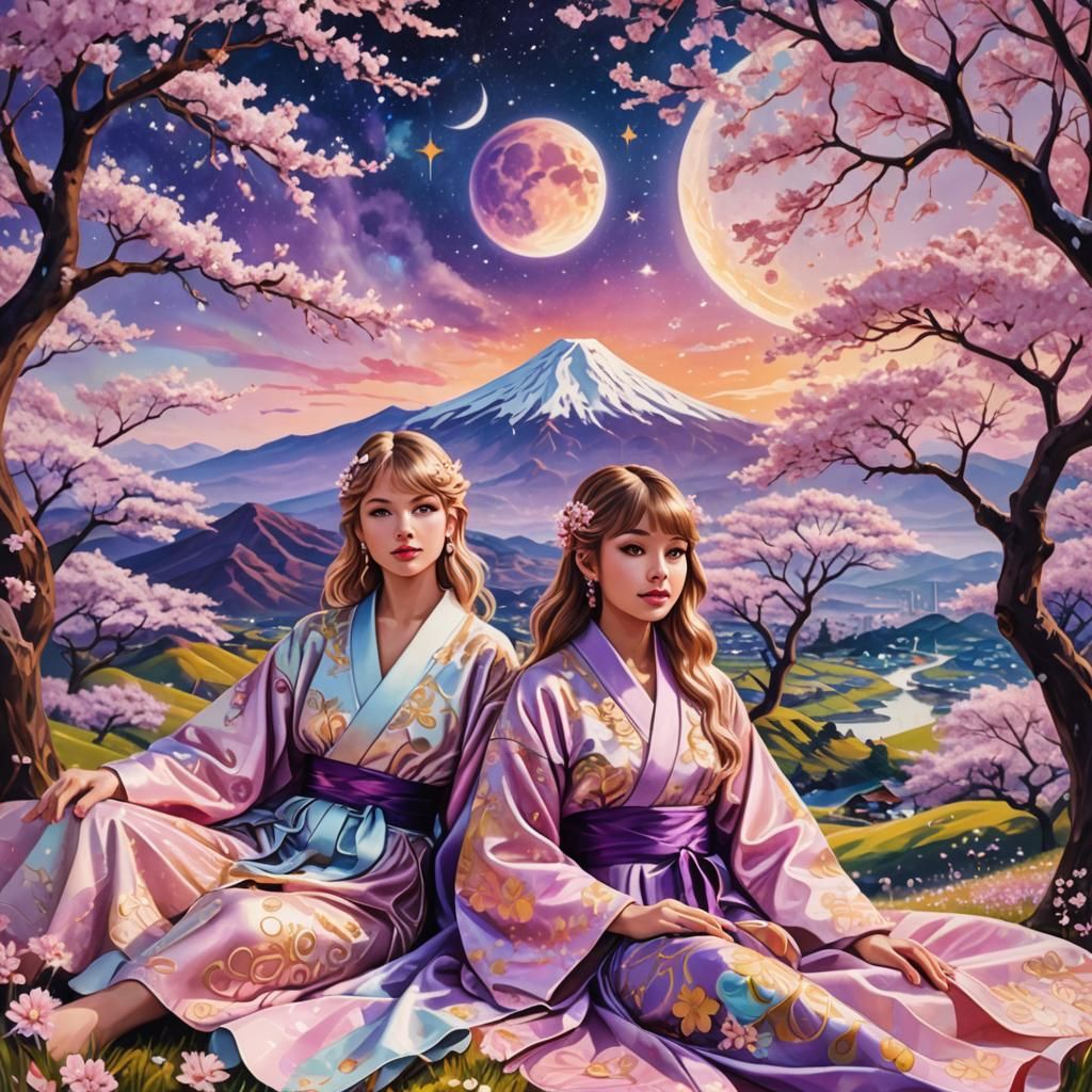 Taylor Swift and Ariana Grande in Cosmic Japanese Art