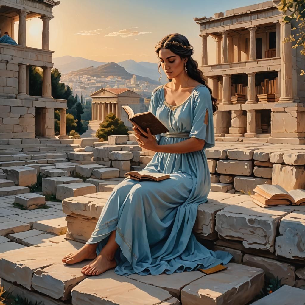 Ancient Greek Woman Reading at Library: Matte Ink Painting