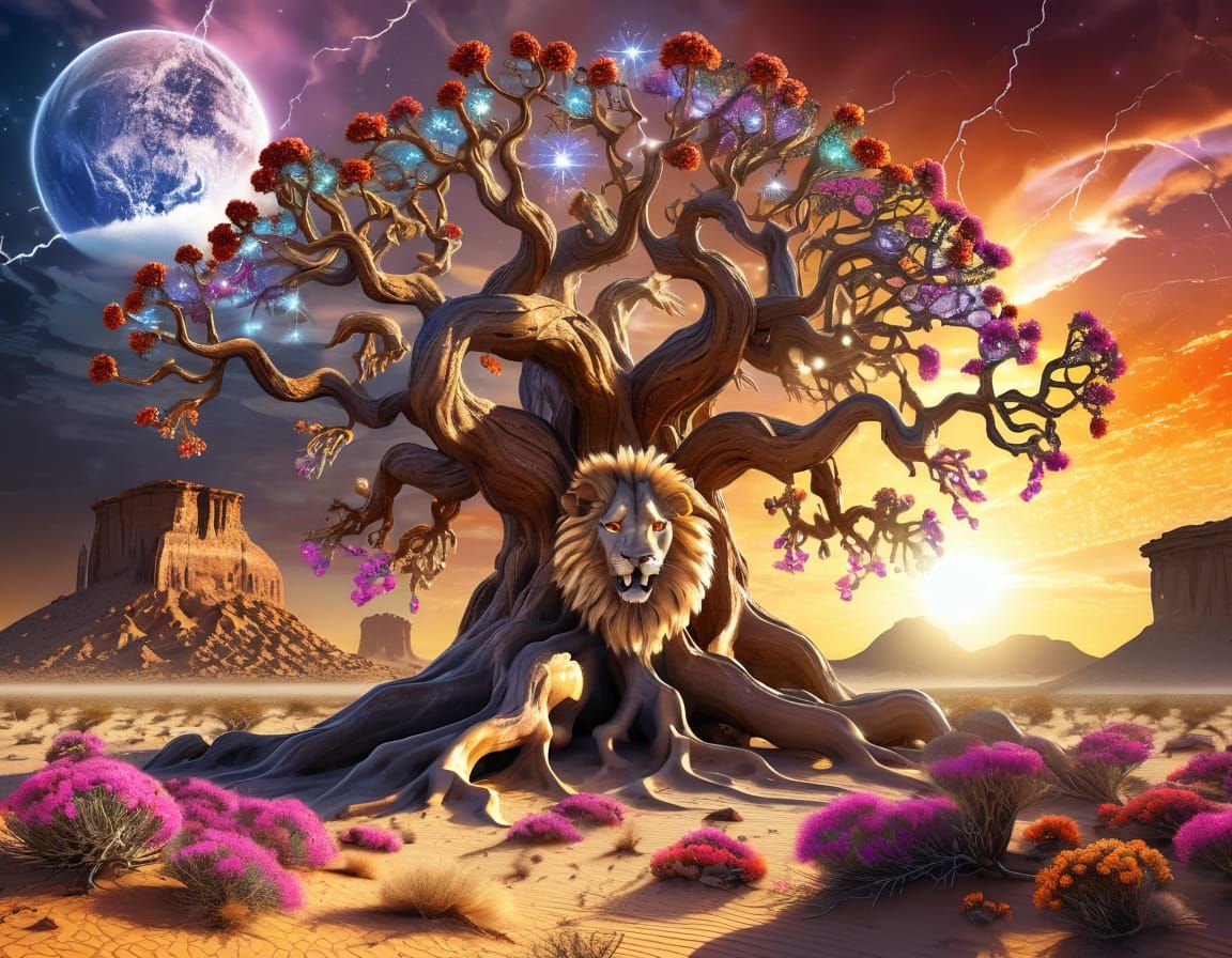 Ancient Tree With Lion Roots in Alien Desert