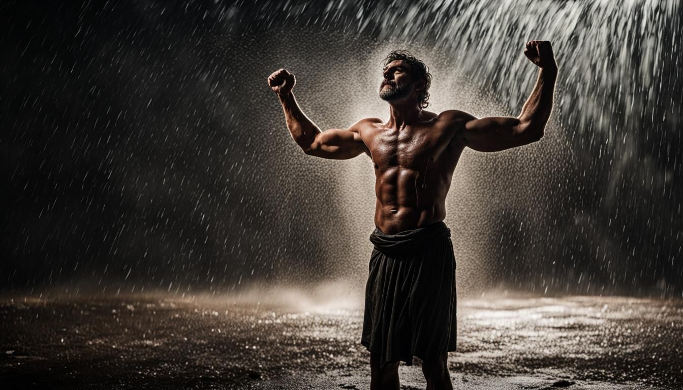 Muscular Greek Laborer in Rain, Dramatic Lighting