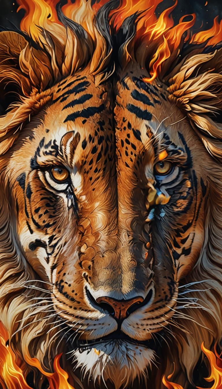 Fierce Lion-Tiger Hybrid in Fiery Digital Art