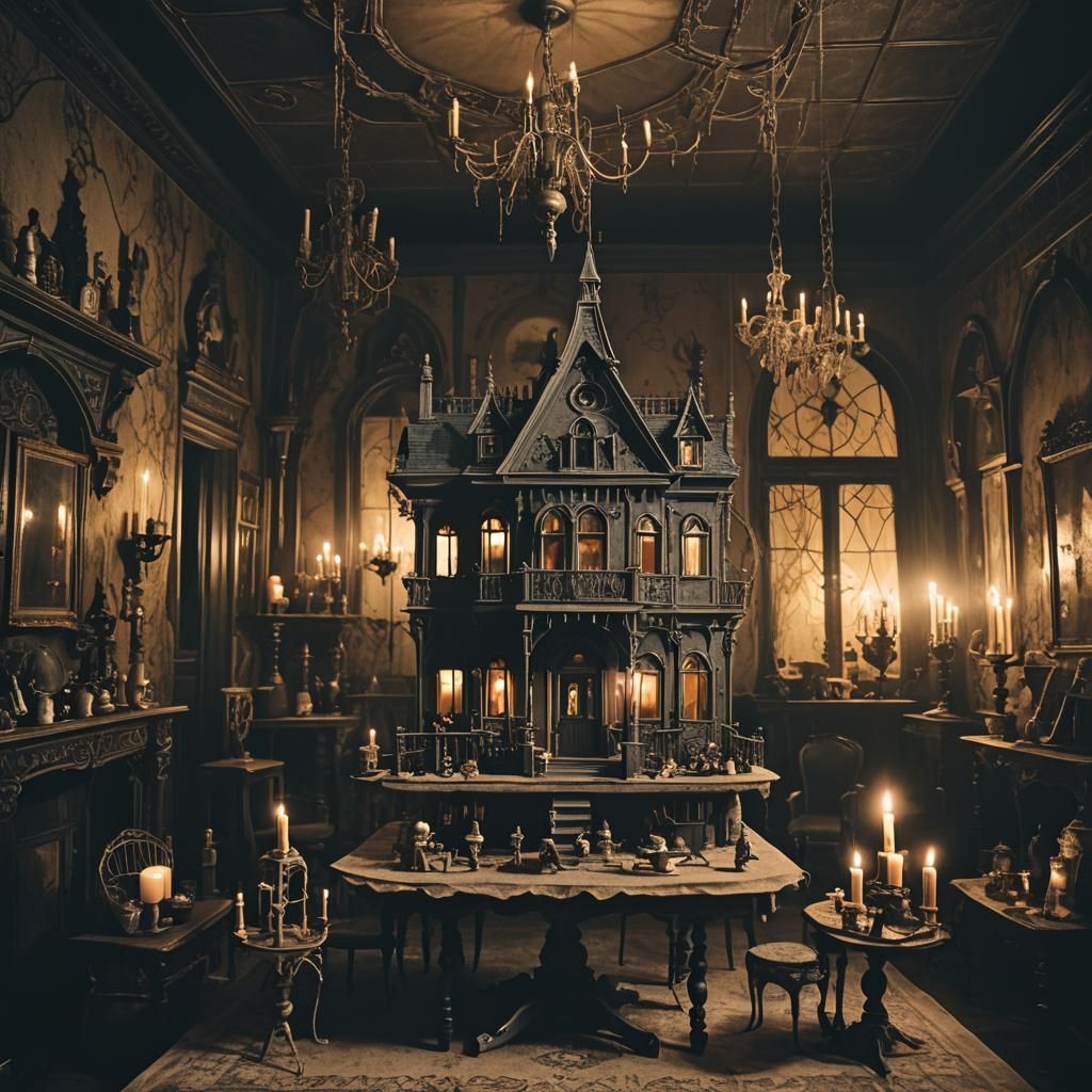 Eerie Dollhouse in Dark Surrealism with Gothic Elements