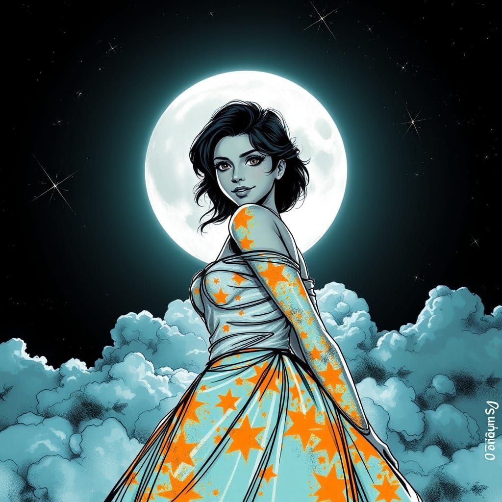 Enchanting Celestial Beauty in Black and White Line Art