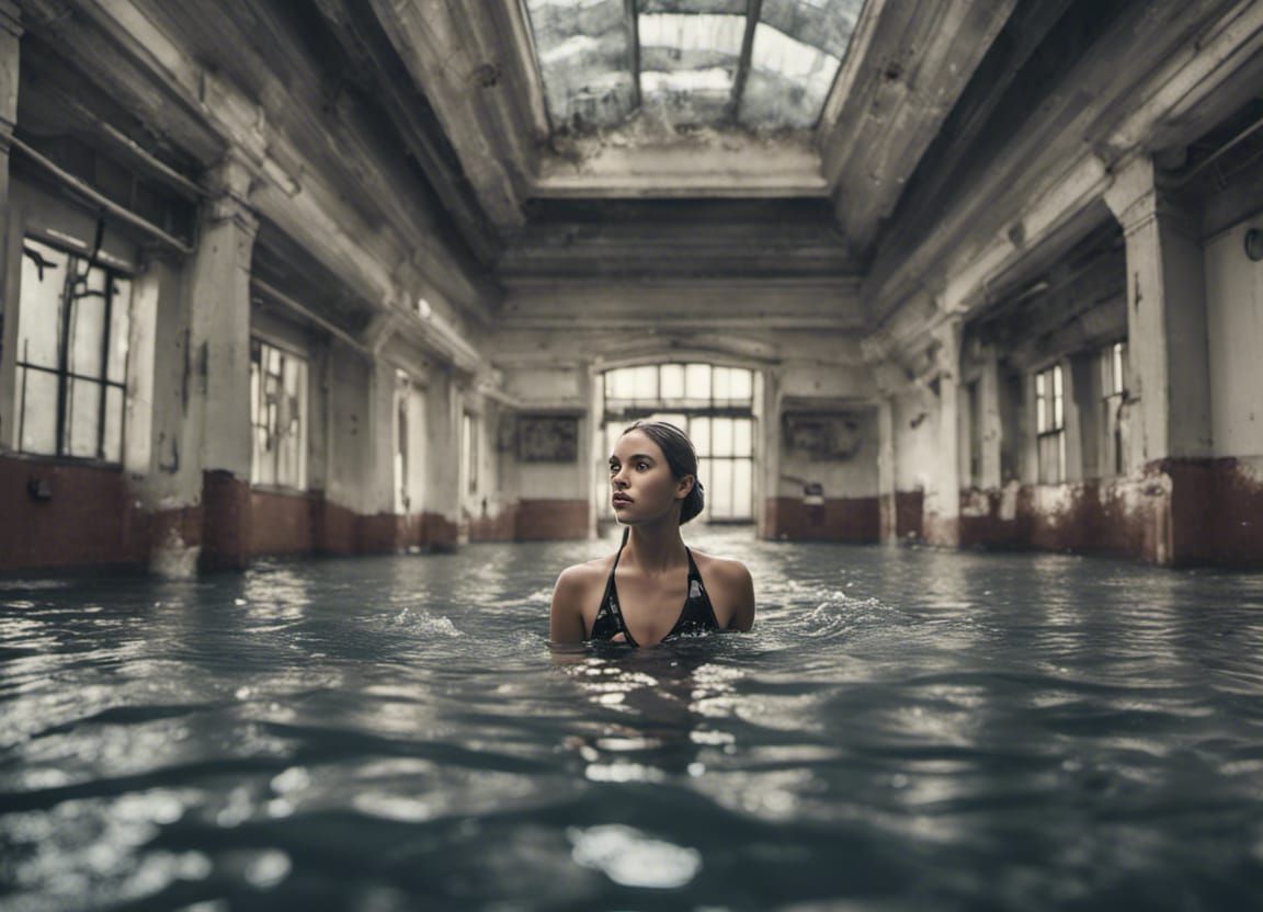 Young Woman Swimming Through Flooded Ruins