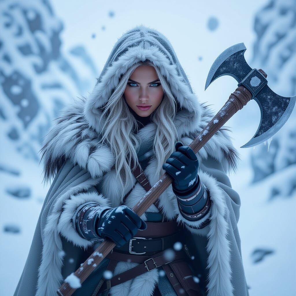Arctic Warrior Woman in Blizzard with Frost Axe