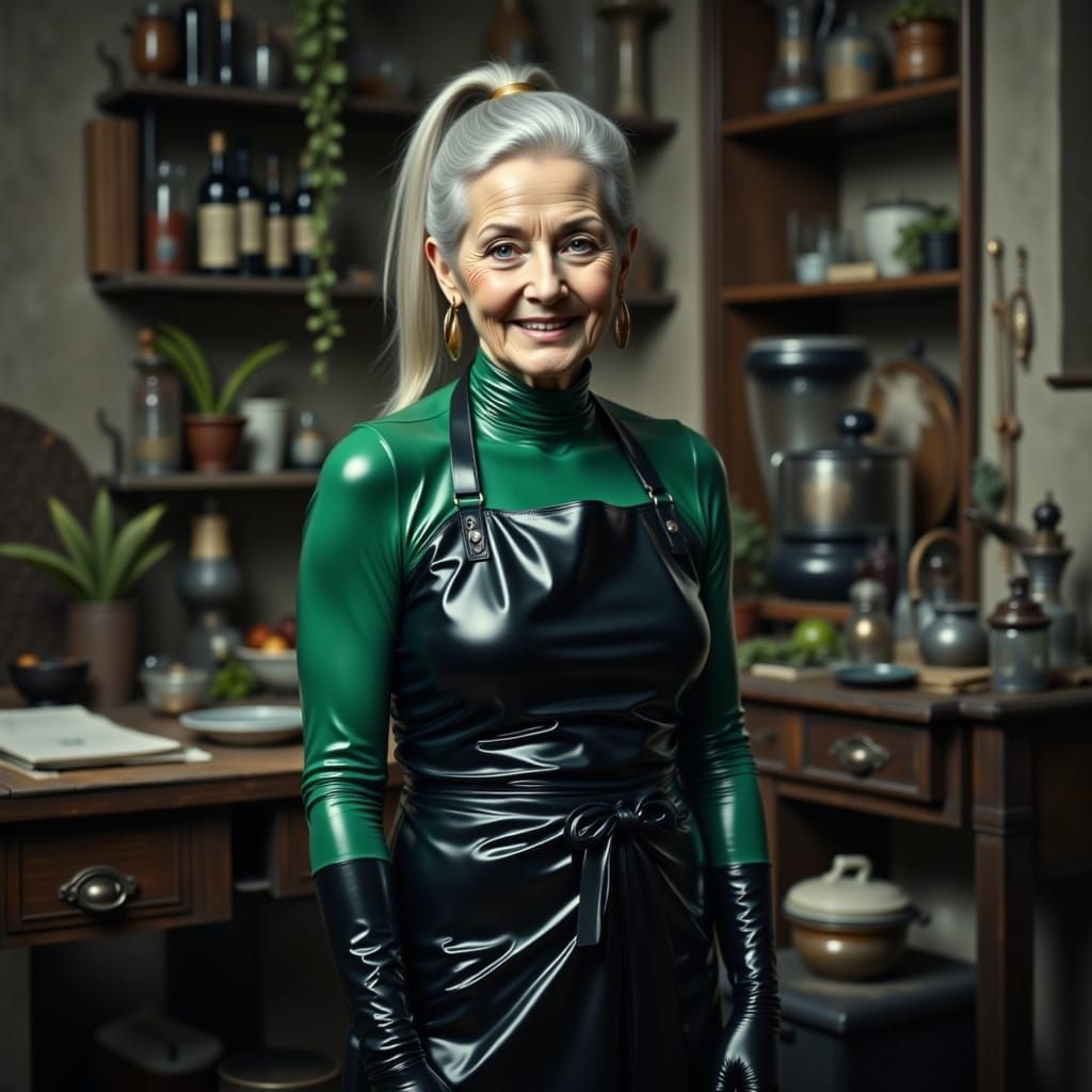 Elderly Woman in Royal Fern Green Latex Catsuit