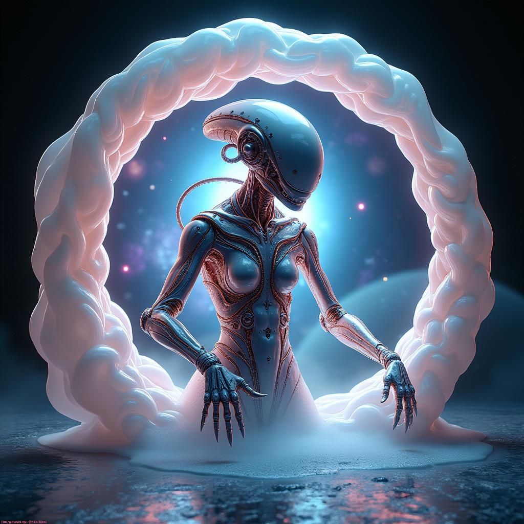 Cybernetic Alien Emerges from Shimmering Portal