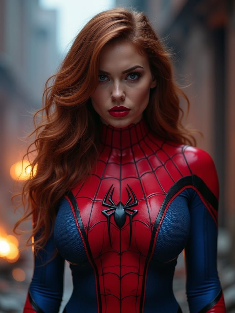 Marvel-Style Spider-Woman Portrait with Fierce Eyes