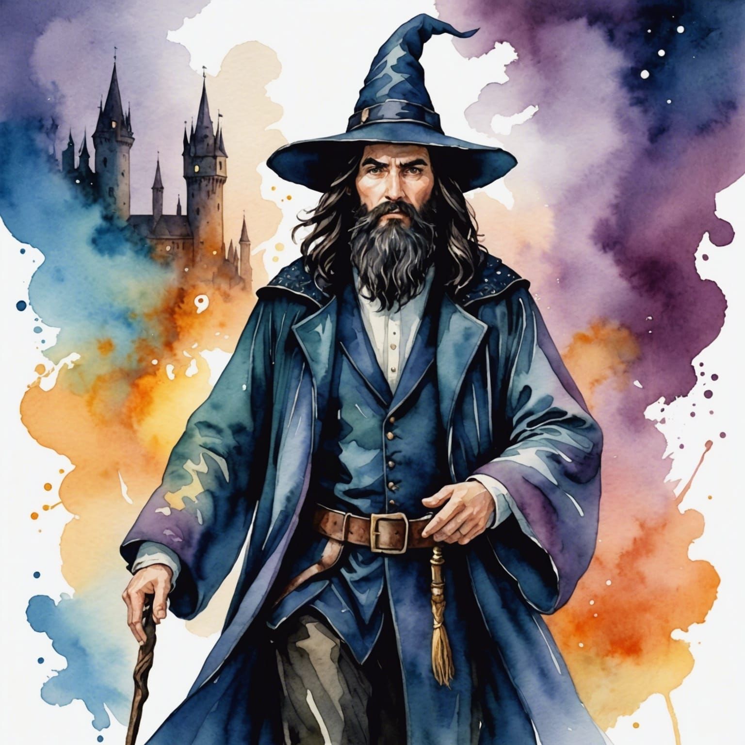 Wizard's Dimensional Journey in Watercolor Style