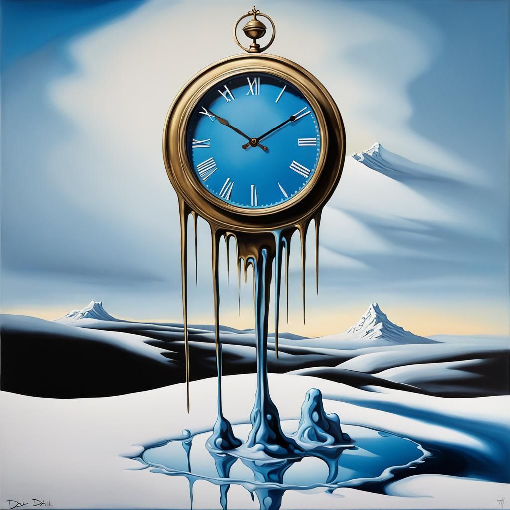 Surreal Melting Clock in Snow, Dali Style