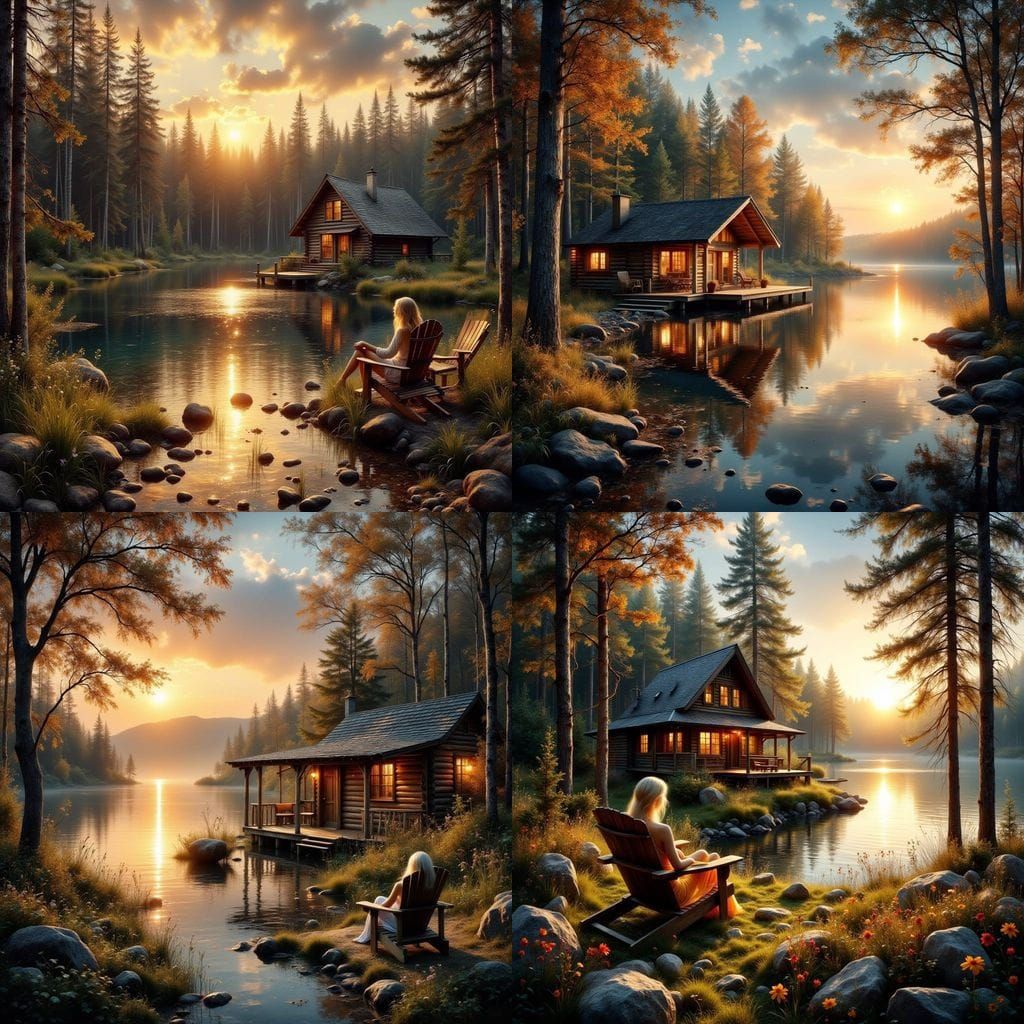 Sunrise Over Forest Lake With Woman by Cabin