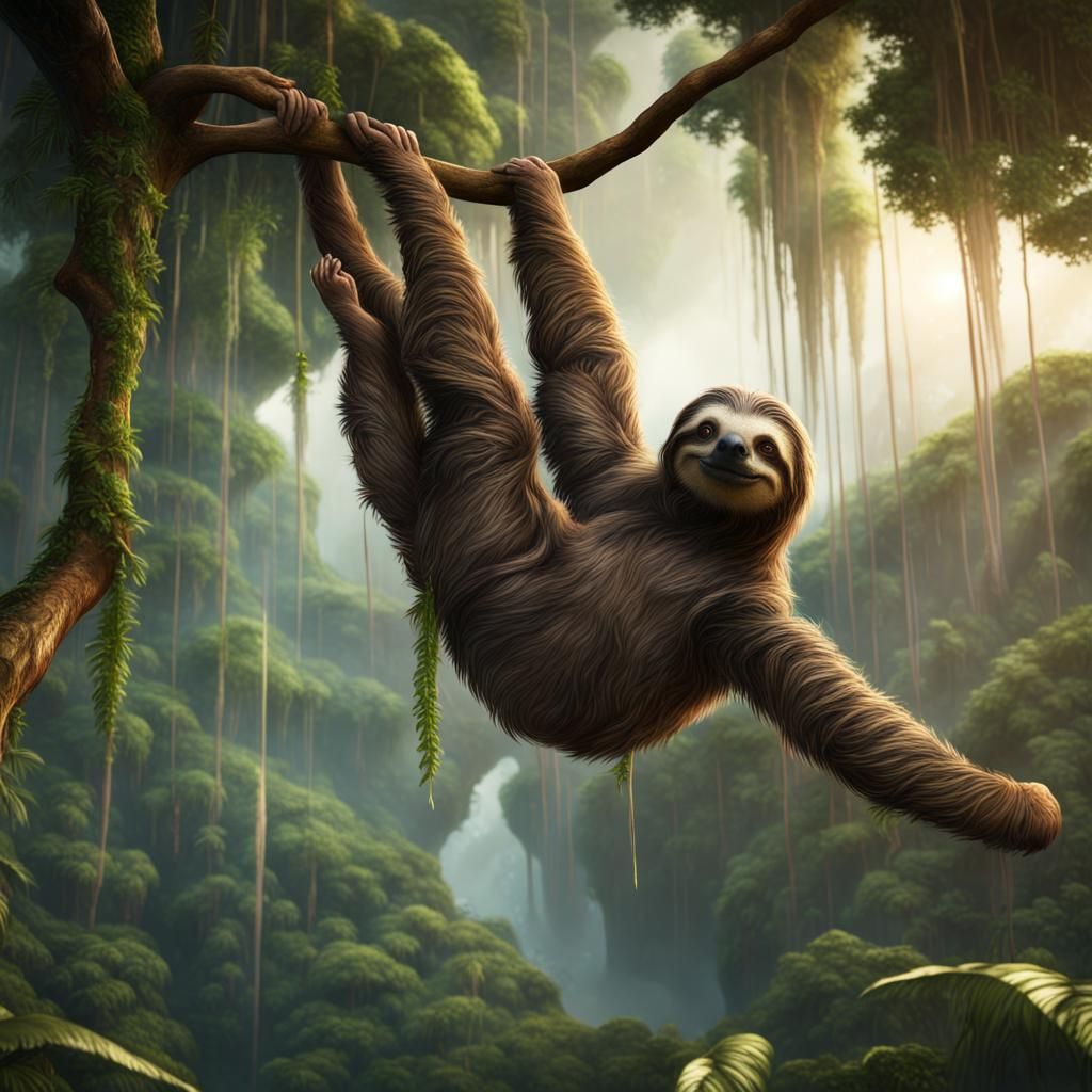 Sloth in Amazon Rainforest: Detailed Matte Painting